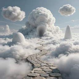 psychdelic dreamworld in the clouds, stone cobble paths and fluffy clouds, surrealist and abstract digital art trending on artstation by artist Rob Gonsalves, Mark Riddick and Andrew Ferez n-9