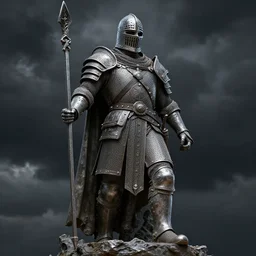Big Bold detailed medievel statue of a warrior of past times; Black Clouds in Background; Highly Detailed; Corruption all over; 8k; unreal Engine;