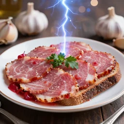 khokhloma plate of borscht, sliced salo on brown bread, hyper realistic, foodphoto, extremely detailed, photorealism, garlic on background, side view, bokeh, epic lightning