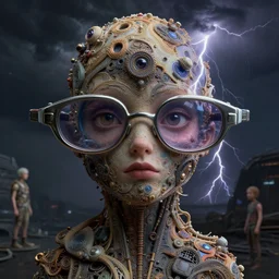 utopian Galaxy, raf simons fashion couture, intricately detailed tiny humanoid inside a dream, thunderstorm in the style of Emiliano Ponzi and  Chris Ware, futuristic 1990s contemporary art, sci-fi,eye glass, inside view, humanoid pov, intricate artwork by Tooth Wu and wlop and beeple, octane render, trending on artstation, greg rutkowski very coherent symmetrical artwork, depth field, unreal engine, cinematic, hyper realism, high detail, octane cinema 4D render, A24 cinematography, 8k