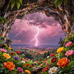 a massive volume cave with ultra - realistic bright coloured natural flowers and ferns : 4, overlooking an endless plain with pink lightning clouds : 4, highly symmetrical, balanced, octane render, in the style of sahm : 3 hd, 4 k, ultra - realistic, in unreal engine