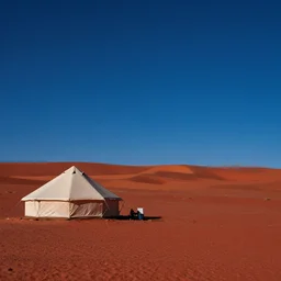 Glamping on Mars, starts night, blue sky, red desert