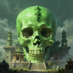 [ skull ] green buddhist temple, by james gurney, matte painting, 4 k, masterpiece, digital art, octane render, trending on artstation, good lighting, epic