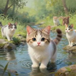 a highly detailed painting of a cute kitten at a river. character design by cory loftis, fenghua zhong, ryohei hase, ismail inceoglu and ruan jia. volumetric light, detailed, rendered in octane
