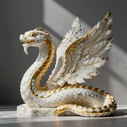 feathered serpent, white marble with gold accents, by ellen jewett
