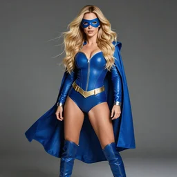 a full figure of a beautiful woman with very long blonde hair, wearing a blue super hero mask, a blue super hero costume with boots and a cape, high quality, by magali villeneuve and brom and artgerm and donato giancola