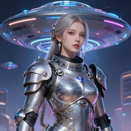 portrait armored astronaut girl shot an ufo, ssci-fi, neon light and fantasy, intricate and very very beautiful and elegant, highly detailed, digital painting, artstation, concept art, smooth and sharp focus, illustration, art by tian zi and WLOP and alphonse mucha