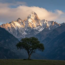 award winning landscape photography by andy lee, lone tree in foreground with bright jagged mountains in background, morning light, long exposure dramatic lighting, clouds