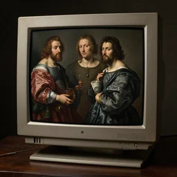 still life of baroque ornate computer crt screen by hieronymus bosch, baroque painting, perfect composition, detailed octane render trending on artstation, 8 k artistic photography, volumetric cinematic perfect light, chiaroscuro, masterpiece, raphael, caravaggio, beksinski, rutkowski