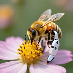 a bee robot standing on a flower extracting nectar, seen with a macro lens, well detailed, artstation