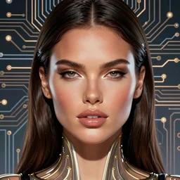 the face of beautiful, opulent, polished, enticing adriana lima made of circuitry, an ultrafine hyperrealistic illustration by artgerm and mucha and beeple, intricate linework, bright colors, final fantasy, unreal 5, octane, global illumination, radiant light, intricate environment