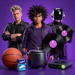 rammstein, gorillaz and daft punk records, from then on a basketball, pot, a pallmall new iceberg cigarette box, an the first xbox, purple colors, setting, ghibli, unreal 5, daz, hyperrealistic, octane render, rpg portrait, dynamic lighting, epic anime, epic