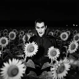 A photograph of a vampire hunter in a field of sunflowers at night. Film Noir. High Contrast. Black and White.