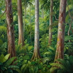 A beautiful painting of a high angle of an Amazonian jungle with tall wide trunk trees and dense foliage, heavy rain rain rain falling from dark clouds clouds, Trending on artstation, 4k