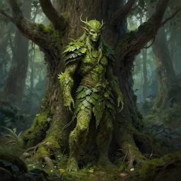 mossy wood spirit with skin of leaves and armor of bark emerging from a tree. d & d fantasy art, digital painting, magical forest, 8 k resolution. full - length portrait.