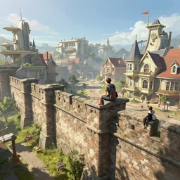 establishing shot of a young man sitting atop the tall wall of a beautiful sci fi walled town inspired by amsterdam and victorian england and california, sunny weather and blue sky, digital painting, concept art, trending on artstation, matte painting, highly detailed, intricate, art by greg rutkowski and artgerm and craig mullins, cinematic, octane render, 8 k, unreal engine