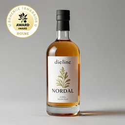 a bottle of liqueur with modern design, studio lighting, product shot, visually striking, thedieline, behance, packaging award, herbal, nordic