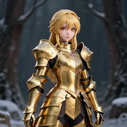 full shot portrait focus of beautiful knight 3D anime girl, golden armor wearing, dark forest background, snowing, bokeh, inspired by Masami Kurumada, digital painting, high contrast, unreal engine render, volumetric lighting, high détail