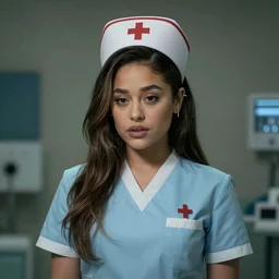 ariana grande as a nurse, photography, moody lighting, realistic,