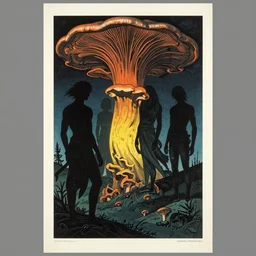 ancient beings, by gediminas pranckevicius, by hasui kawase, dark shadows, woodblock, complementary - colors, tremella - mesenterica, poster, polished, discovering enlightenment, by james gilleard