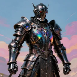 Award winning realistic complex baroque artwork of a warrior god wearing black iridescent armor, iridescent cybernetic processor, extreme detail, artstation, wide angle, colorful vivid octane render