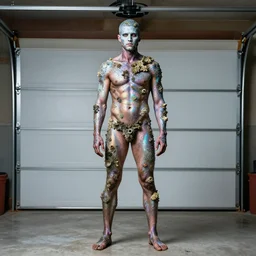 a human standing in his garage, he is covered with iridescent bodypaint and barnacles
