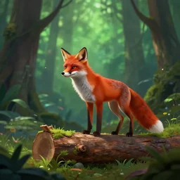 a red fox on top of a log, in a green fantasy forest, lighting, digital art, matte painting, artstation trend, hdr