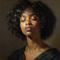 detailed high fashion studio portrait of am anime black girl, eyes closed, sun light, painting by gaston bussiere, craig mullins, j. c. leyendecker