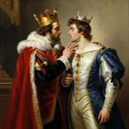 attractive fully clothed king confesses his love for his attractive fully clothed male prince. highly detailed painting by gaston bussiere, mark brooks, j. c. leyendecker, craig mullins