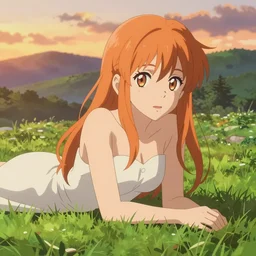 anime art full body portrait character concept art, anime key visual of elegant young female, orange straight bangs and large eyes, finely detailed perfect face delicate features directed gaze, laying down in the grass at sunset in a valley, trending on pixiv fanbox, studio ghibli, extremely high quality artwork