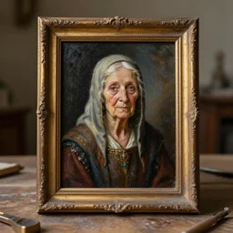 a rough oil painting of a grandmother in a cute frame, painting of an old medieval woman, oil painting on a table, mystic artwork, dark background, highly detailed, award - winning art, trending on artstation, wlop