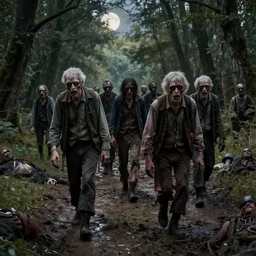 old zombie hord walking together on a muddy track surrounded by woodland, with corpses around, in half moon light, high resolution detailed realistic cinematic scene