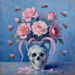 a biomorphic painting of a vase with flowers, surrealist painting by krenz cushart and dorothea tanning, pastel blues and pinks, melting, plastic, skull, featured on artstation, tentacles, pink bees, metaphysical painting, oil on canvas, fluid acrylic pour art, airbrush art, hyper realistic, rococo, lovecraftian