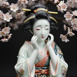 a portrait of a realistic crying geisha made from intricately detailed porcelain and surrounded by cherry blossom flowers, japanese, dramatic, wabi - sabi, 8 k