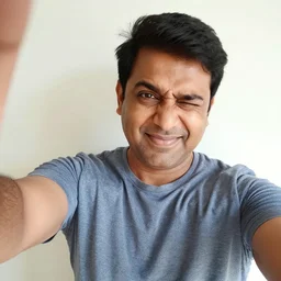 Indian dad squinting and awkwardly smiling while taking a selfie, photo