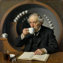 a painting of a old and dusty professor in black suit drinking ten cups of coffee in five seconds to study the droste effect styled and painted by rene magritte