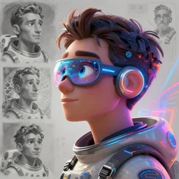 pixar character side view future coder gentleman, stylized cyclops display over eyes and sleek glowing headset, neon accents, holographic colors, desaturated headshot portrait digital painting by leyendecker, donato giancola, alphonse mucha, john berkey, astronaut cyberpunk electric lights profile