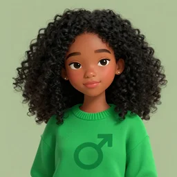 a shy dark skinned brazilian girl blushing, cute, black curly hair, wearing a green sweater with the male symbol on it, digital art, artstation, smooth