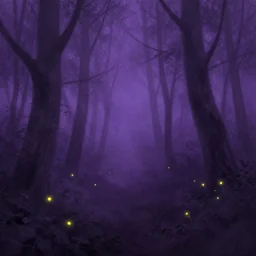 Dense, foggy, violet woods with fireflies flying around. Chiaroscuro gouache.