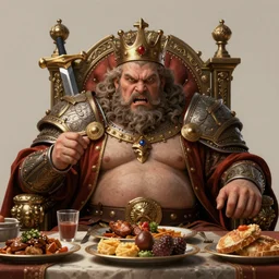 concept art, intricate illustration, photo - realistic portrait of a fat angry king feasting, food on the table, gluttony, sword throne, style by wlop and artgerm, hyper detailed, artstation, cgsociety, 8 k, octane render