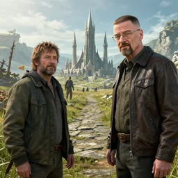 realistic still of jesse pinkman and walter white visiting whiterun in skyrim, amazing details, 8 k, 8 5 mm, f. 1 4, beautiful composition