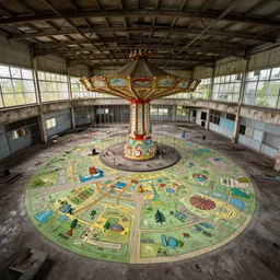 abandoned amusement park interior overview mapa design, Moebius, Greg Rutkowski, Zabrocki, Karlkka, Jayison Devadas, Phuoc Quan, trending on Artstation, 8K, ultra wide angle, pincushion lens effect.