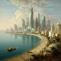 Marine Drive in the futuristic city of Mumbai in year 2150, by Canaletto, trending on ArtStation, masterpiece