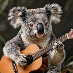 portrait koala playing a guitar, fine details. realistic shaded lighting by ilya kuvshinov giuseppe dangelico pino and michael garmash and rob rey, iamag premiere, aaaa achievement collection, eyes open in wonder