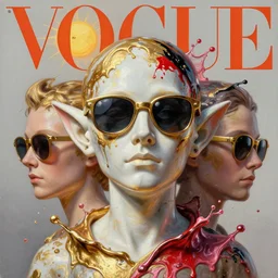 3 d marble statue of elf's head in sunglasses, multiple splashes of golden and red and black paint, liquid white and pink metal, sun, vogue cover style, poster art, high detail, intricate oil painting, multiple exposure, stanley kubrick mood, hyperrealism, 3 d, by tooth wu and wlop and beeple and greg rutkowski