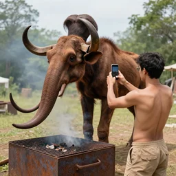 “color photo of a Neanderthal with no cloth man taking an iPhone photo of a rusted mammoth on the grill, National Geographic , anthropology photo”