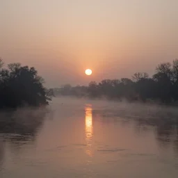 sunrise over a foggy river, atmospheric expressionism