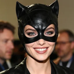 A beautiful portrait of Daria Strokous smiling as Catwoman from Batman movie 2022, a Balmain fashion model Spring/Summer 2010, highly detailed, in the style of cinematic, Getty images, Milan fashion week backstage, Extreme close up, Makeup by Pat McGrath, Hair by Guido Palau, Greg rutkowski