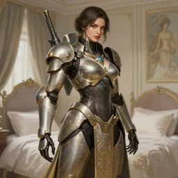 woman combat mech, posing in a bedroom, intricate clothes, elegant, highly detailed, digital painting, artstation, concept art, smooth, sharp focus, illustration, art by krenz cushart and artem demura and alphonse mucha