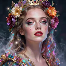 cara delevingne, portrait, colorful and vibrant majestic, royal, open wide eyes, drops of tear with flowers on her hair, glowing light orbs, intricate concept art, elegant, digital painting, smooth, sharp focus, ethereal opalescent mist, outrun, vaporware, cyberpunk darksynth, ethereal, ominous, misty, 8 k, by ruan jia and miho hirano, rendered in octane